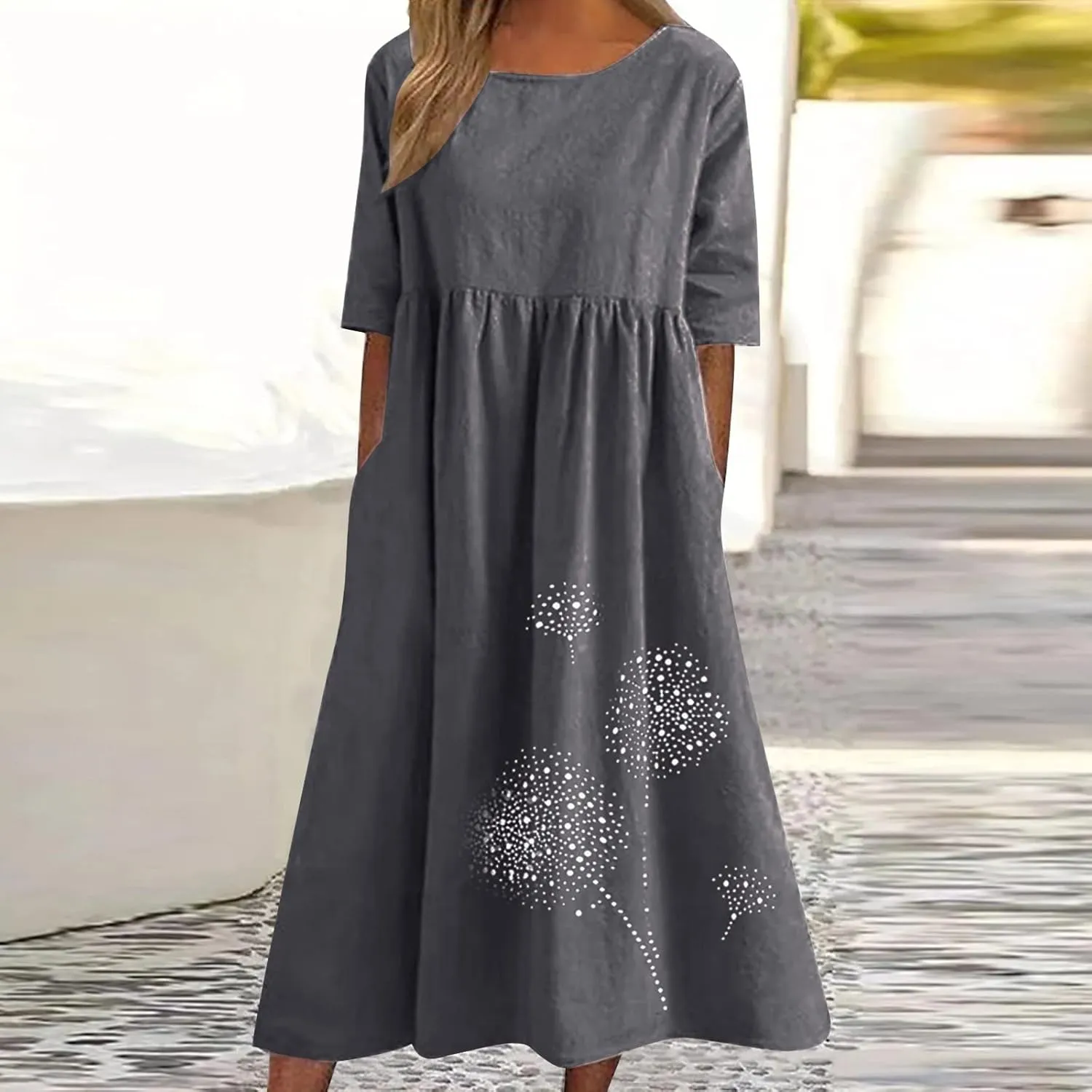 Linen Dresses for Women 2025 Floral Printed Short Sleeve a Line Dresses Oversized Summer Casual Loose Shirt Dresses