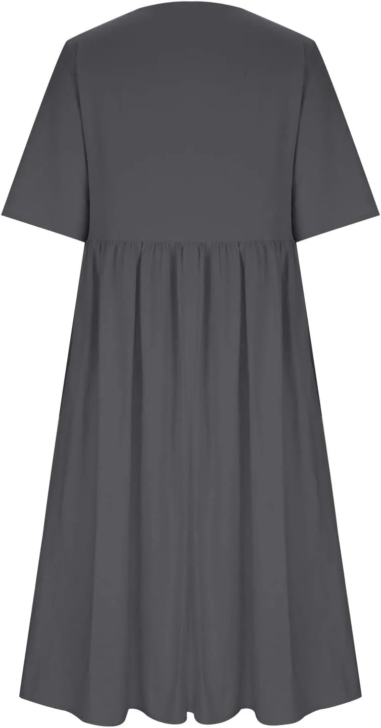 Linen Dresses for Women 2025 Floral Printed Short Sleeve a Line Dresses Oversized Summer Casual Loose Shirt Dresses