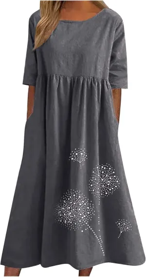 Linen Dresses for Women 2025 Floral Printed Short Sleeve a Line Dresses Oversized Summer Casual Loose Shirt Dresses