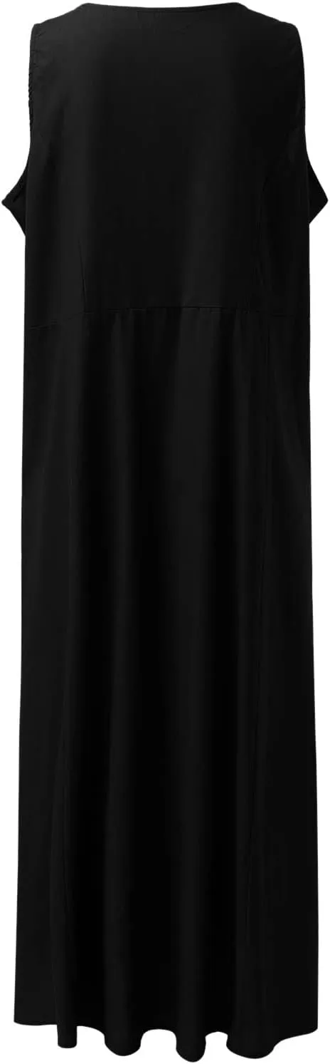 Linen Dresses for Women 2025 Summer Casual Sleeveless Sun Dress Maxi Tunic Tank Beach Vacation Dress with Pocket