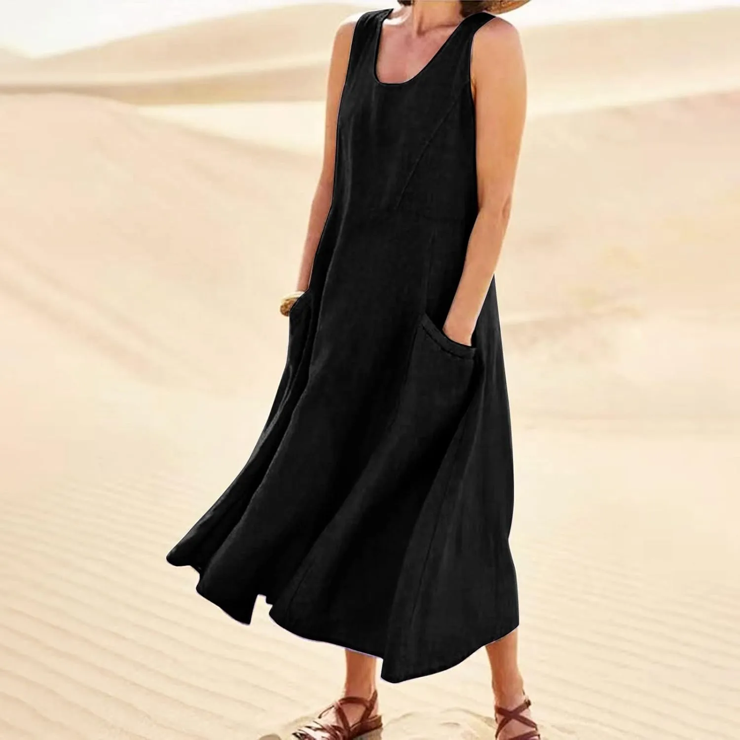 Linen Dresses for Women 2025 Summer Casual Sleeveless Sun Dress Maxi Tunic Tank Beach Vacation Dress with Pocket