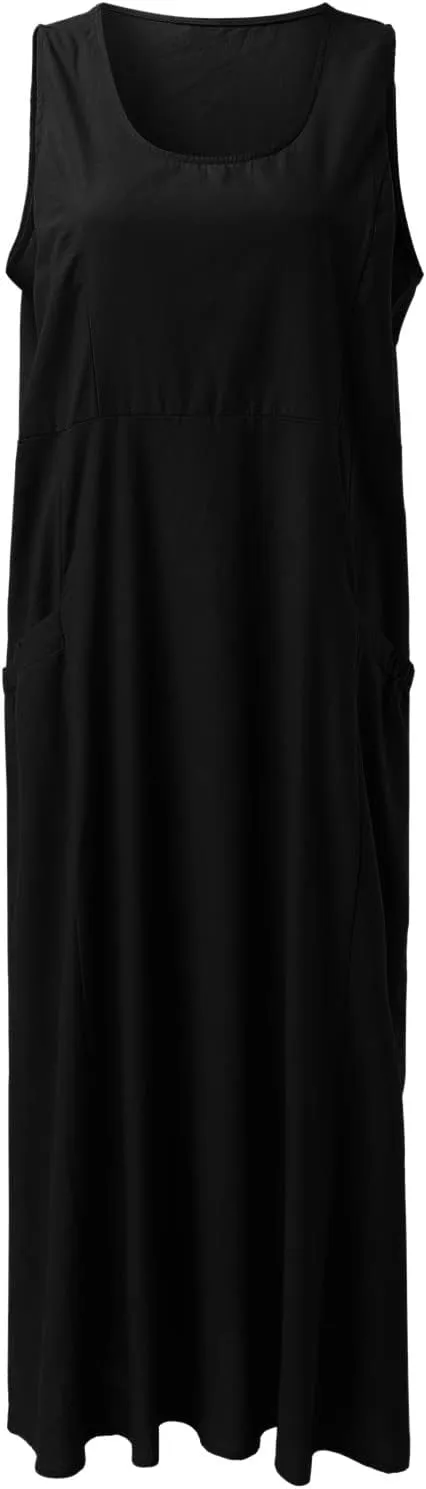Linen Dresses for Women 2025 Summer Casual Sleeveless Sun Dress Maxi Tunic Tank Beach Vacation Dress with Pocket