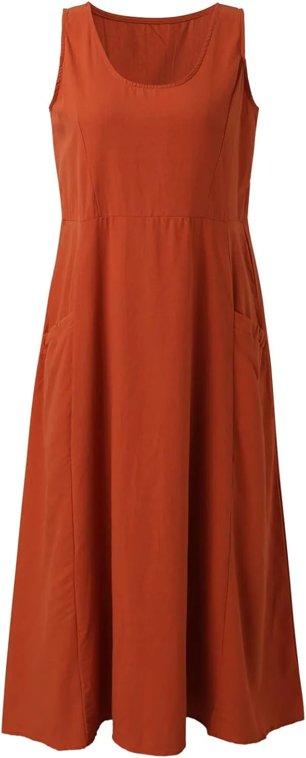 Linen Dresses for Women 2025 Summer Casual Sleeveless Sun Dress Maxi Tunic Tank Beach Vacation Dress with Pocket