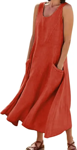 Linen Dresses for Women 2025 Summer Casual Sleeveless Sun Dress Maxi Tunic Tank Beach Vacation Dress with Pocket