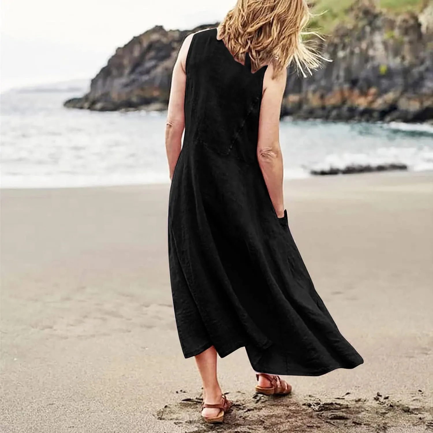 Linen Dresses for Women 2025 Summer Casual Sleeveless Sun Dress Maxi Tunic Tank Beach Vacation Dress with Pocket