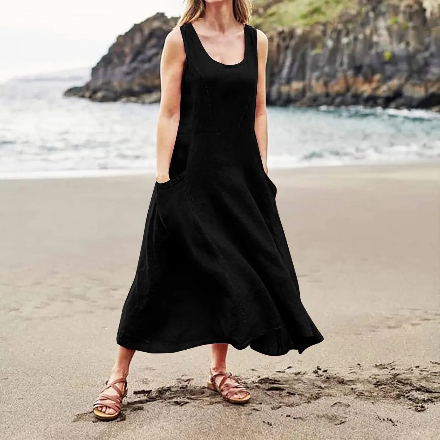 Linen Dresses for Women 2025 Summer Casual Sleeveless Sun Dress Maxi Tunic Tank Beach Vacation Dress with Pocket