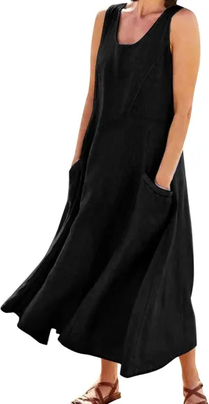 Linen Dresses for Women 2025 Summer Casual Sleeveless Sun Dress Maxi Tunic Tank Beach Vacation Dress with Pocket