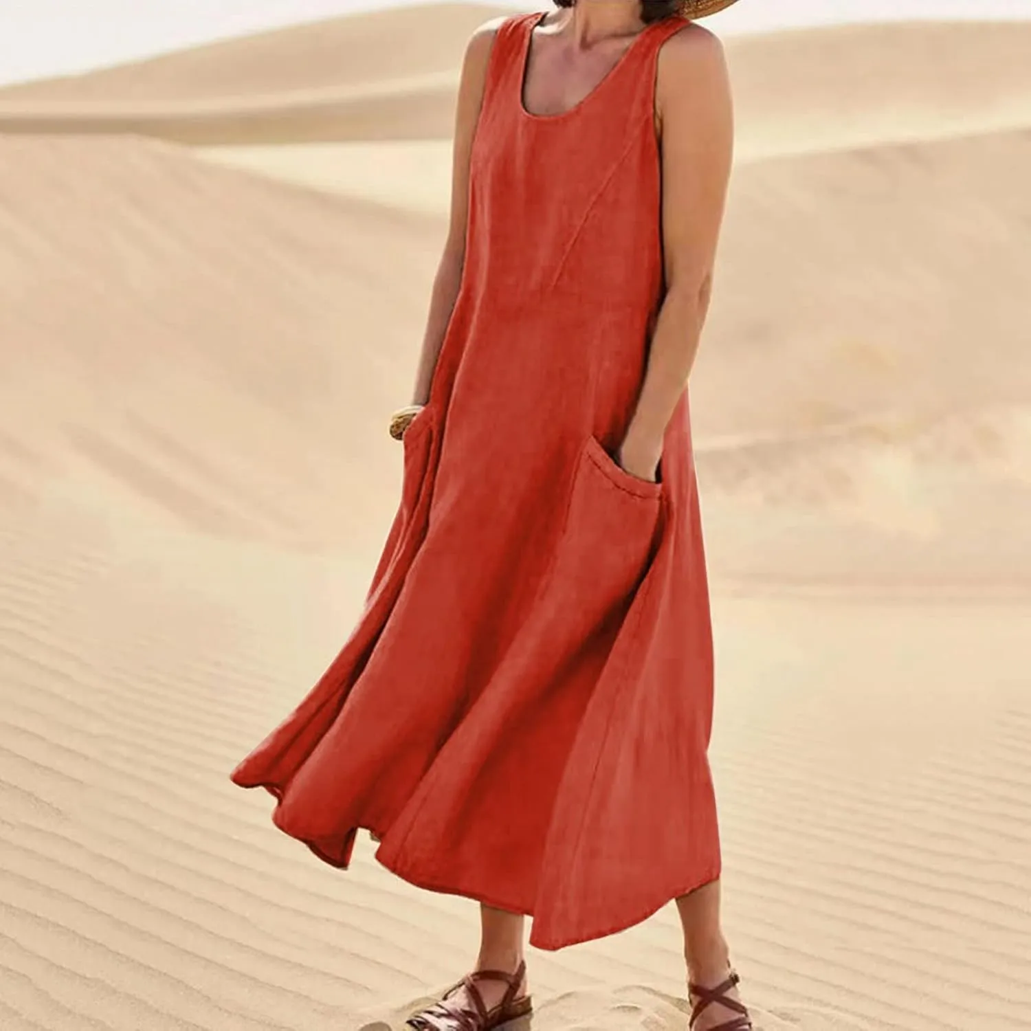 Linen Dresses for Women 2025 Summer Casual Sleeveless Sun Dress Maxi Tunic Tank Beach Vacation Dress with Pocket