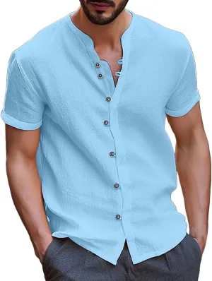 Linen Shirts for Men Trendy Short Sleeve Crewneck Button Down Shirt Vintage Solid Color Breathable Casual Beach Tops