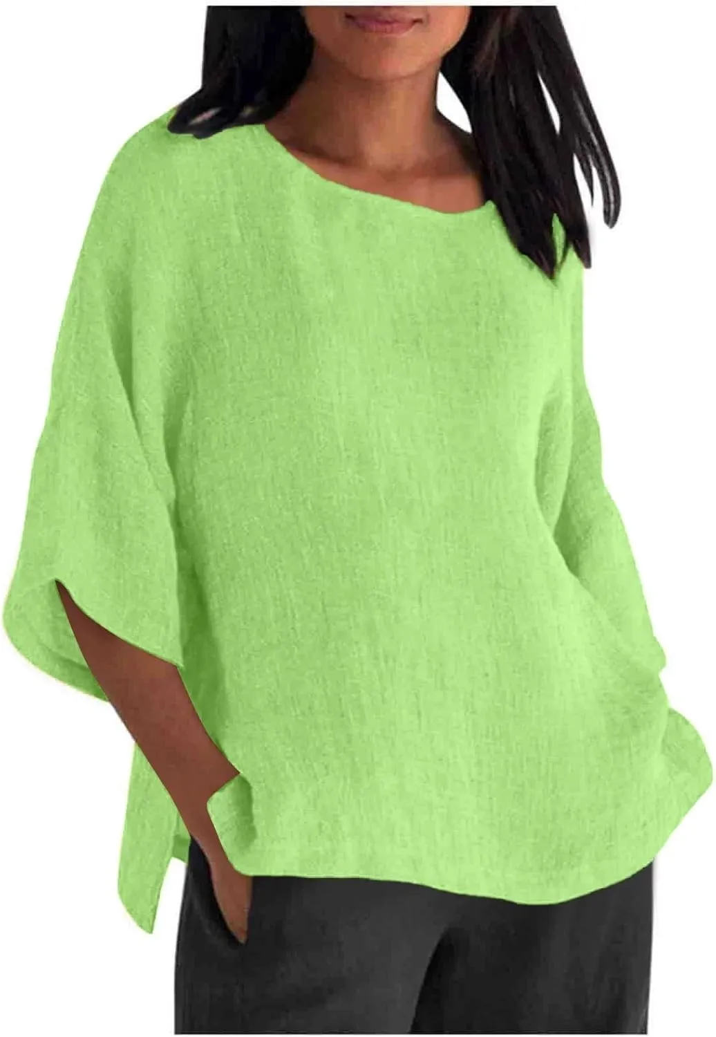 Linen Shirts for Women Summer Cotton Linen Plain Short Sleeve T Shirt Casual Plus Size Trendy V Neck Tee Tops
