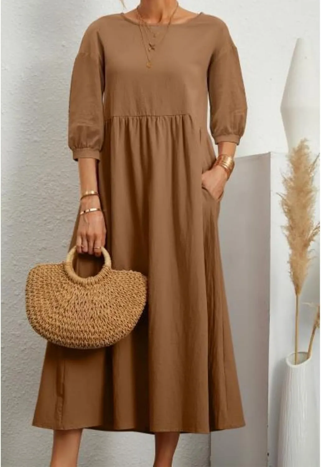 Linen Summer Dresses for Women Casual Loose Half Sleeve Dress Loose Boho Beach Vacation Sundress with Pockets