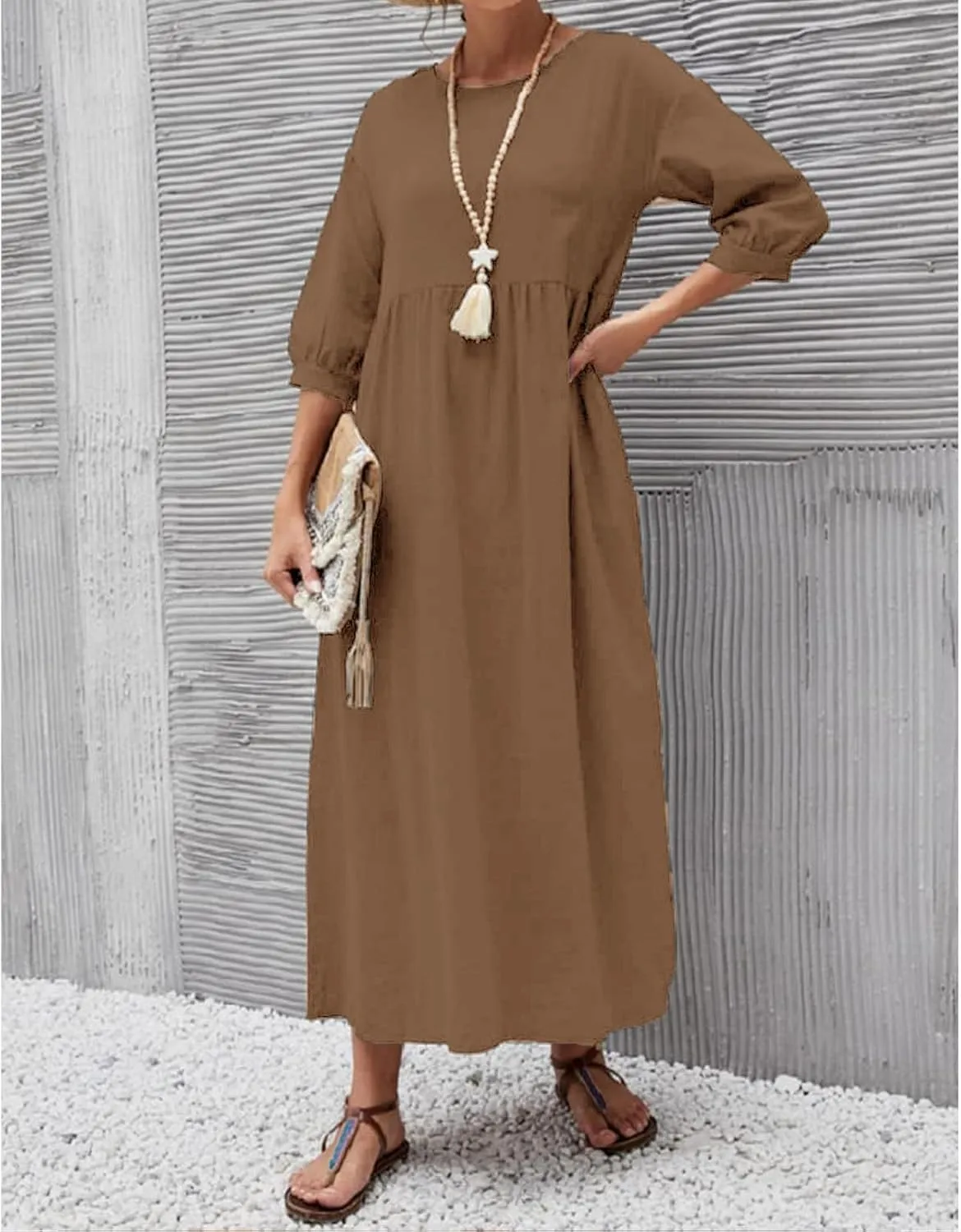 Linen Summer Dresses for Women Casual Loose Half Sleeve Dress Loose Boho Beach Vacation Sundress with Pockets