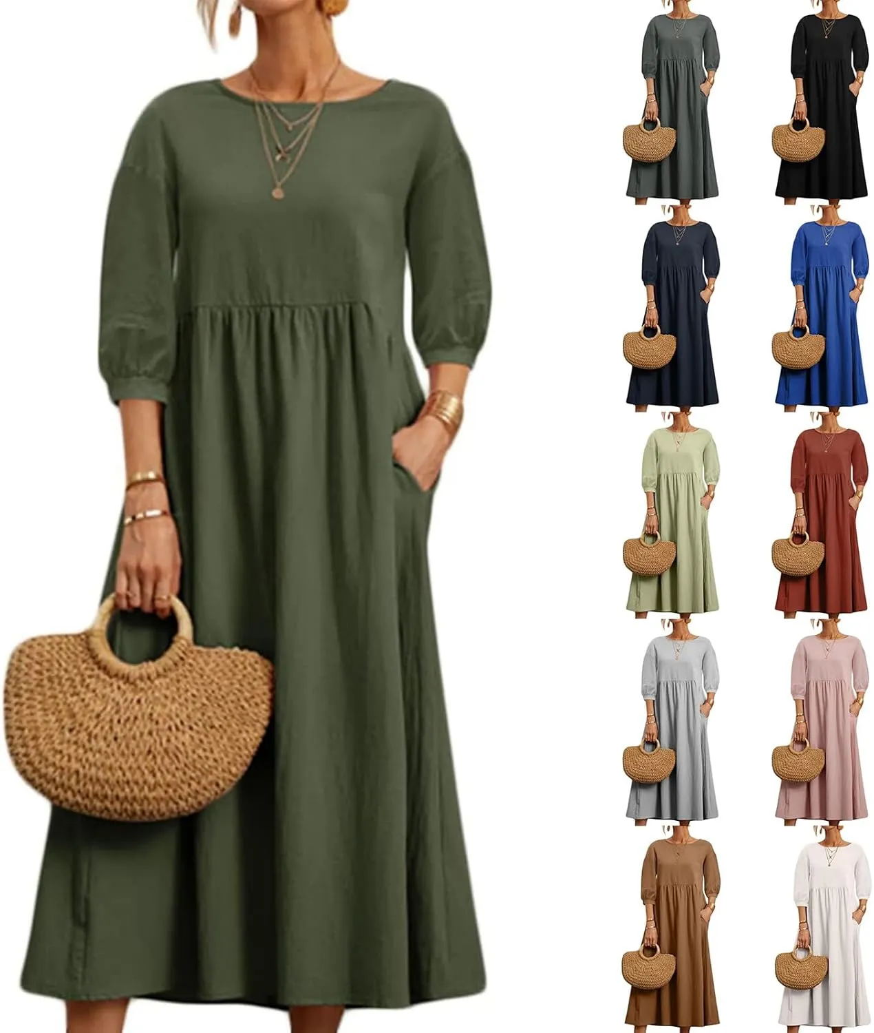 Linen Summer Dresses for Women Casual Loose Half Sleeve Dress Loose Boho Beach Vacation Sundress with Pockets