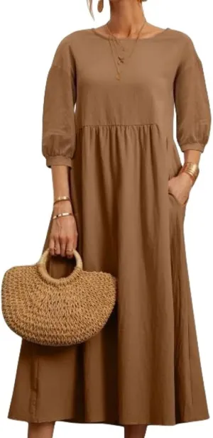 Linen Summer Dresses for Women Casual Loose Half Sleeve Dress Loose Boho Beach Vacation Sundress with Pockets