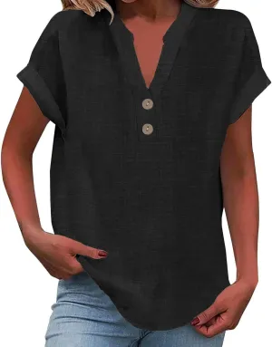Linen Summer Tops for Women 2025 Trendy Short Sleeve Shirt Casual Button V Neck Tunic Plus Size Blouses Outfits