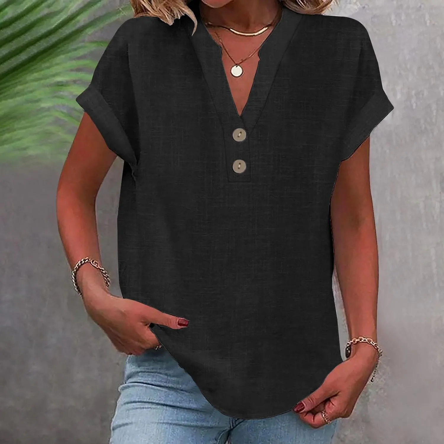 Linen Summer Tops for Women 2025 Trendy Short Sleeve Shirt Casual Button V Neck Tunic Plus Size Blouses Outfits