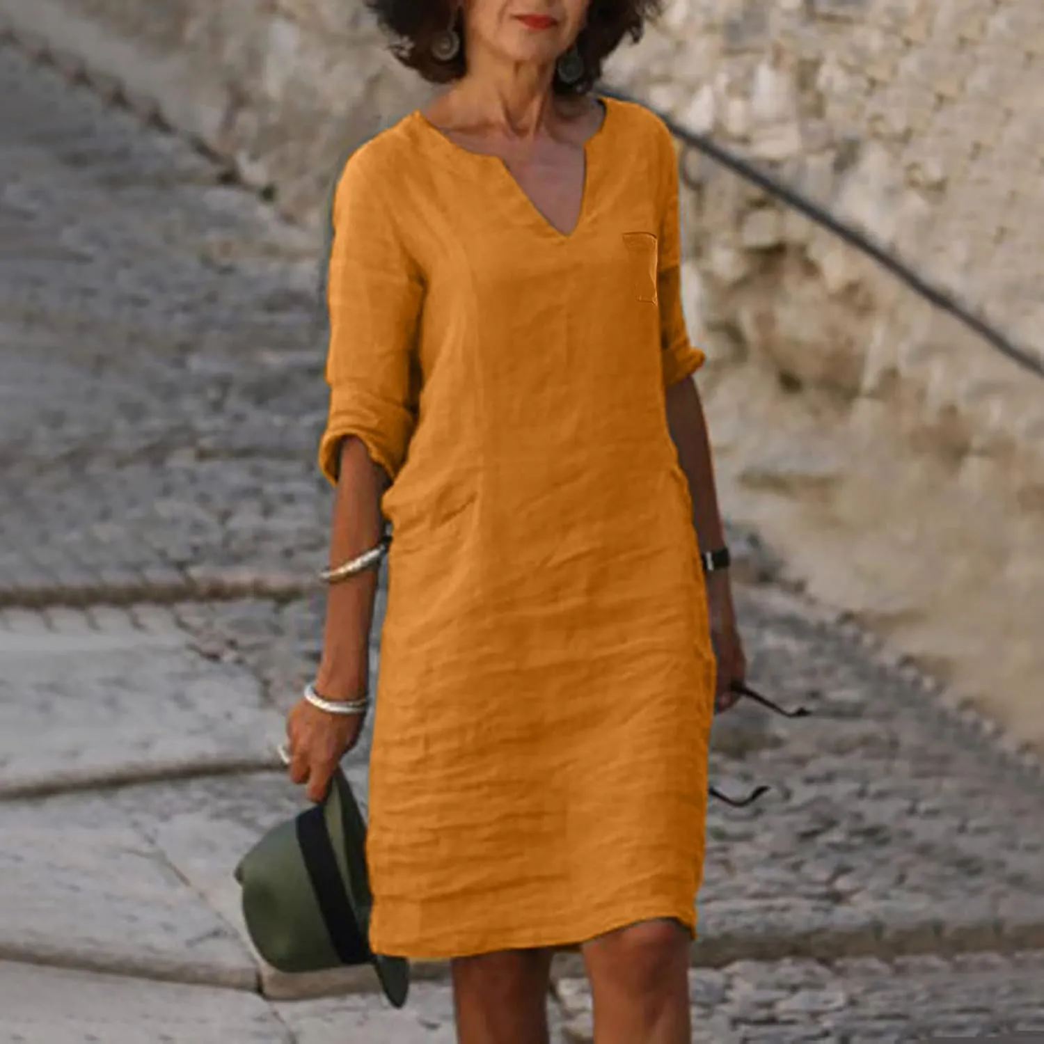 Linen T Shirts for Women Classy Spring Light V Neck Half Sleeve Drop Waist Sun Dress Bohemian Church Clothes for Ladies