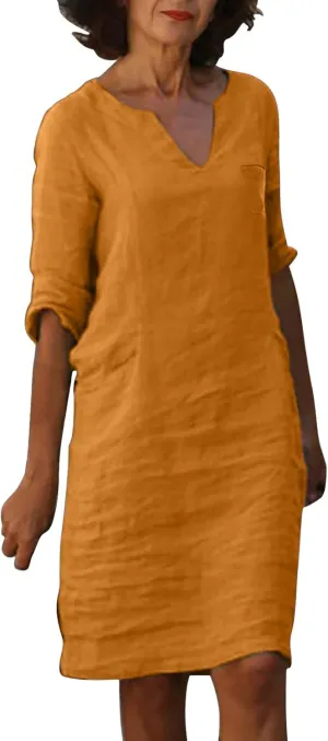 Linen T Shirts for Women Classy Spring Light V Neck Half Sleeve Drop Waist Sun Dress Bohemian Church Clothes for Ladies