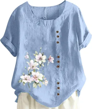 Linen Tops for Women 2024 Floral Print Tunic Tops Short Sleeve Gauze Blouses Shirt Causal Summer Peasant Boho Clothing