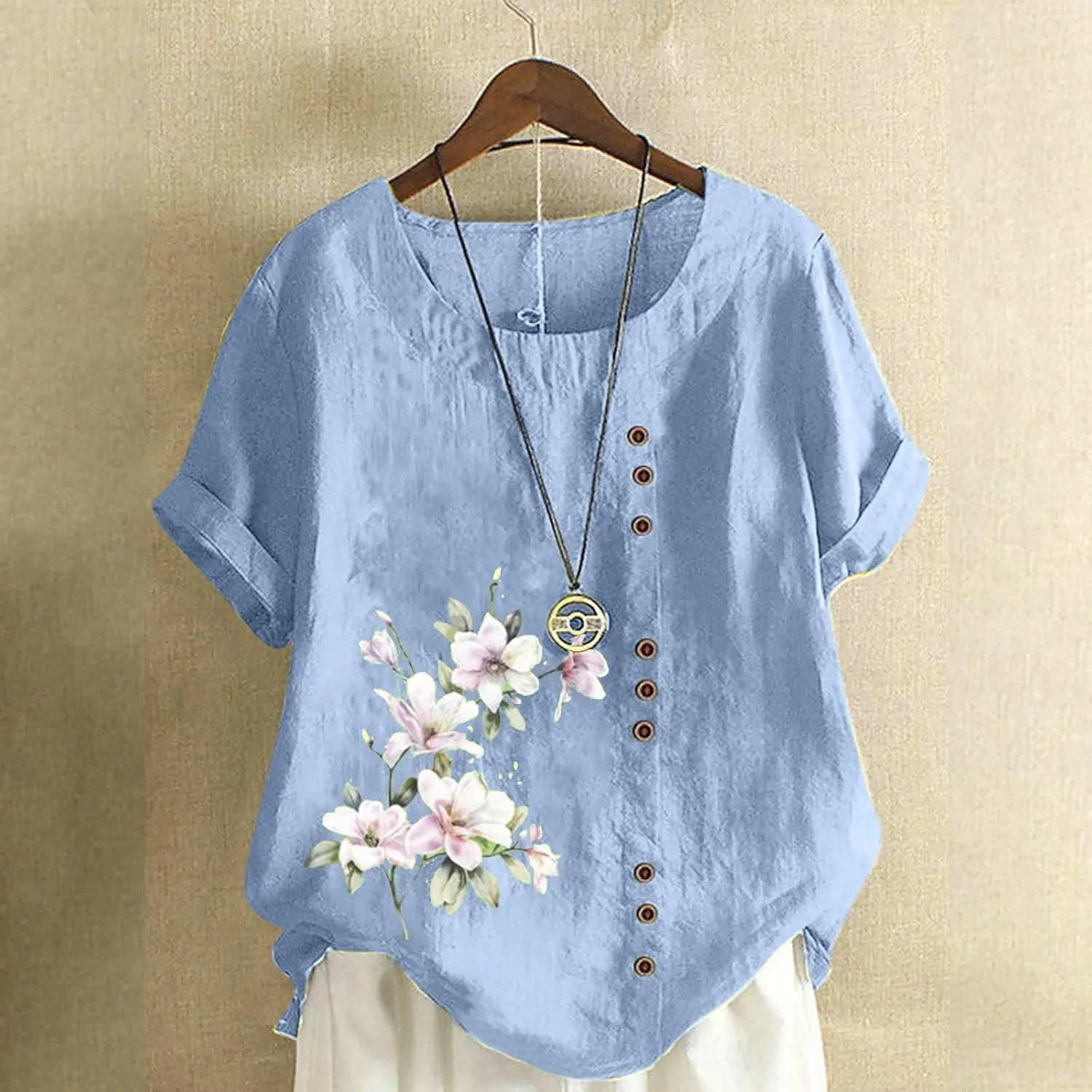 Linen Tops for Women 2024 Floral Print Tunic Tops Short Sleeve Gauze Blouses Shirt Causal Summer Peasant Boho Clothing