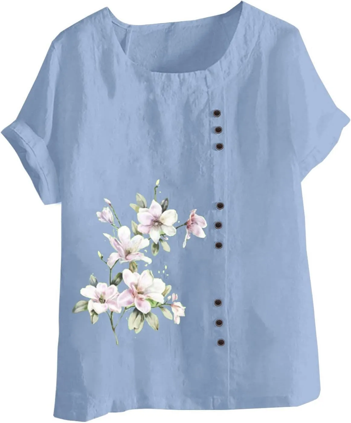 Linen Tops for Women 2024 Floral Print Tunic Tops Short Sleeve Gauze Blouses Shirt Causal Summer Peasant Boho Clothing