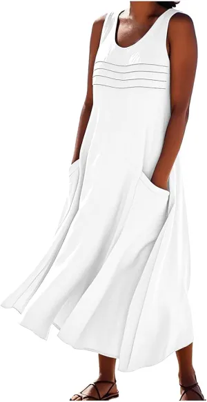 Long Cotton Linen Dresses for Women Sleeveless Striped Printed Plain Sundress Swing Hem Maxi Dress with Pockets