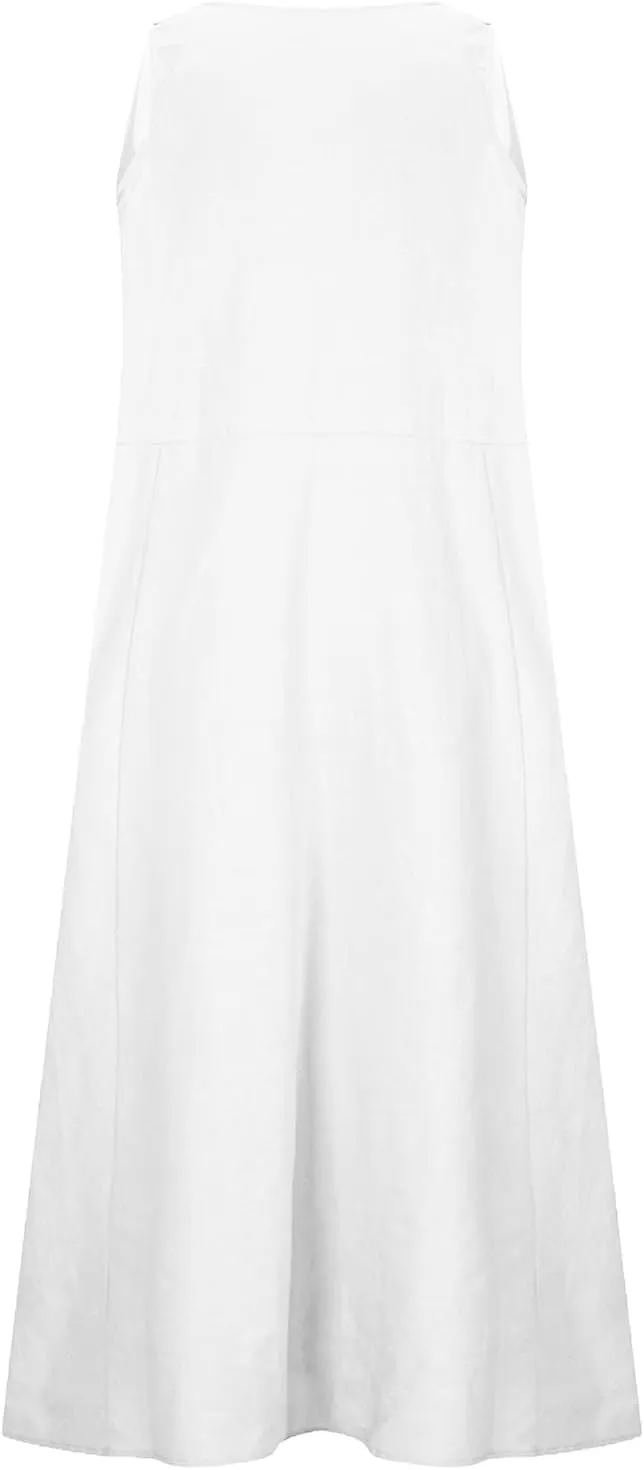 Long Cotton Linen Dresses for Women Sleeveless Striped Printed Plain Sundress Swing Hem Maxi Dress with Pockets