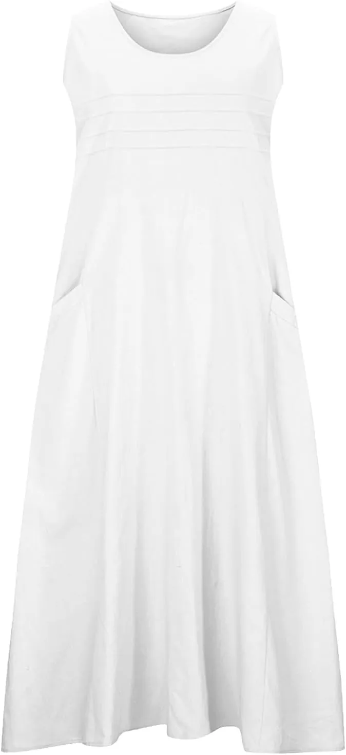 Long Cotton Linen Dresses for Women Sleeveless Striped Printed Plain Sundress Swing Hem Maxi Dress with Pockets