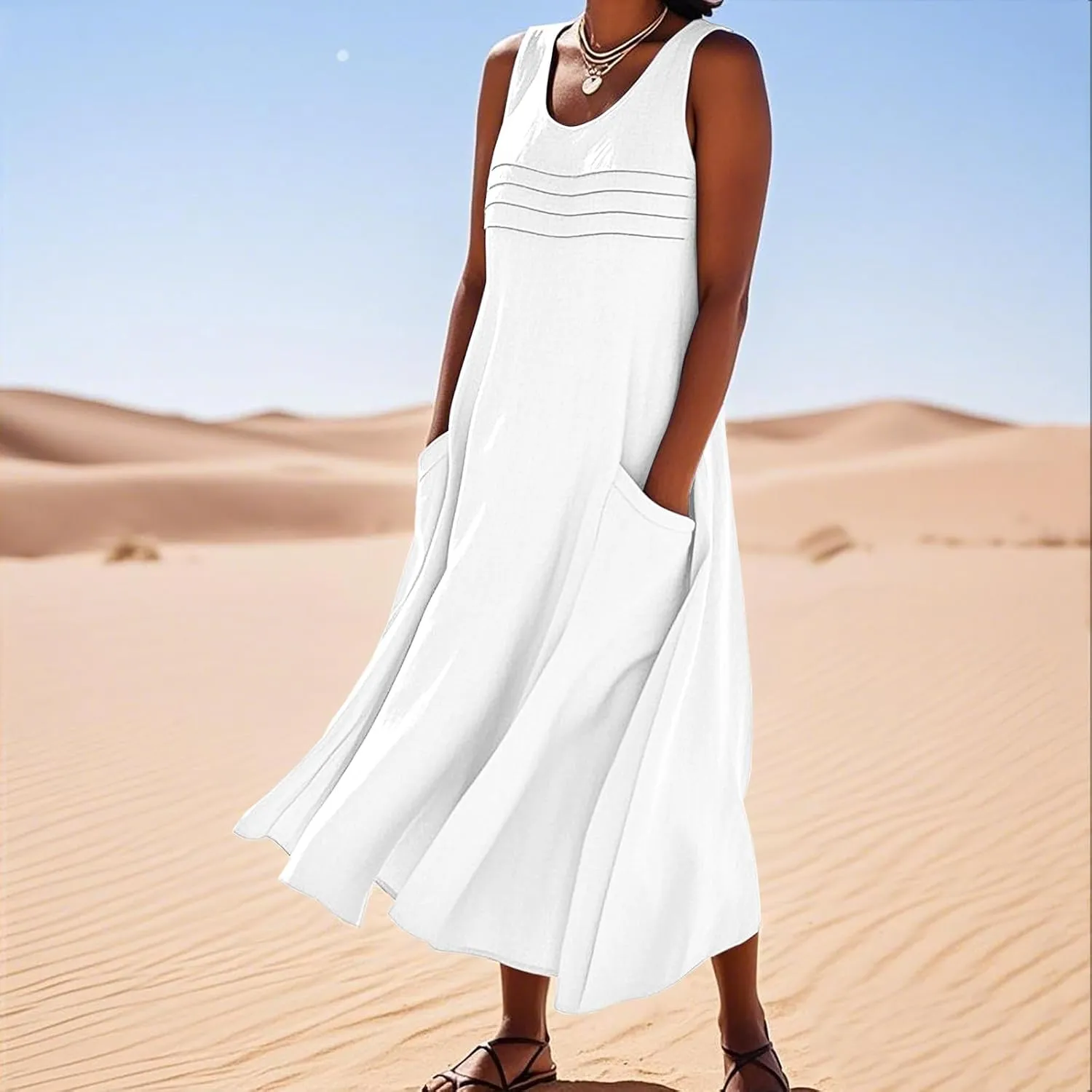 Long Cotton Linen Dresses for Women Sleeveless Striped Printed Plain Sundress Swing Hem Maxi Dress with Pockets