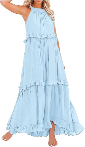 Long Dresses for Womens Summer Halter Neck Maxi Dress Trendy Tiered Ruffle Flowy Swing Beach Sundress 2025