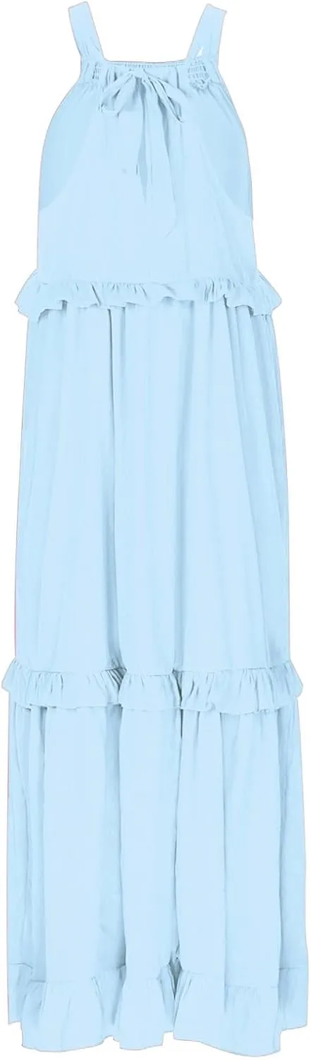 Long Dresses for Womens Summer Halter Neck Maxi Dress Trendy Tiered Ruffle Flowy Swing Beach Sundress 2025