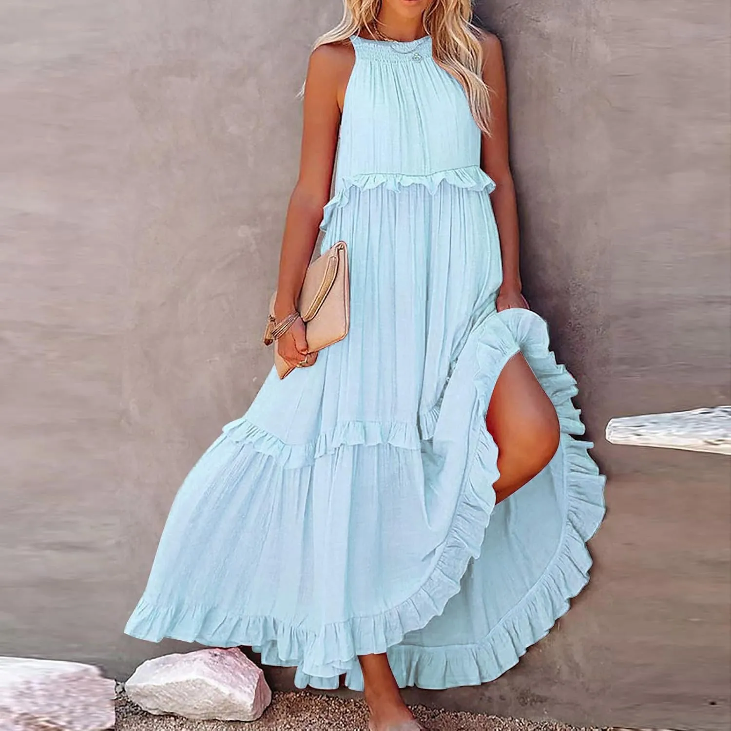 Long Dresses for Womens Summer Halter Neck Maxi Dress Trendy Tiered Ruffle Flowy Swing Beach Sundress 2025