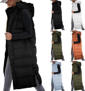 Long Puffer Vest Women Quilted Hooded Sleeveless Zip Up Down Jacket Button Down Vests Outerwear Padded Jacket Coat