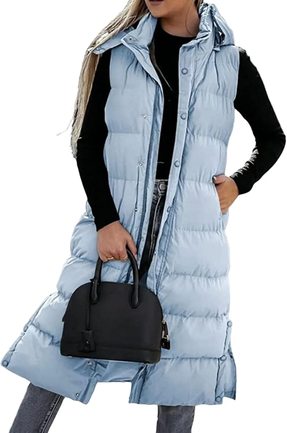Long Puffer Vest Women Quilted Hooded Sleeveless Zip Up Down Jacket Button Down Vests Outerwear Padded Jacket Coat