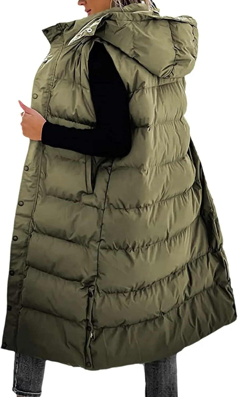 Long Puffer Vest Women Quilted Hooded Sleeveless Zip Up Down Jacket Button Down Vests Outerwear Padded Jacket Coat