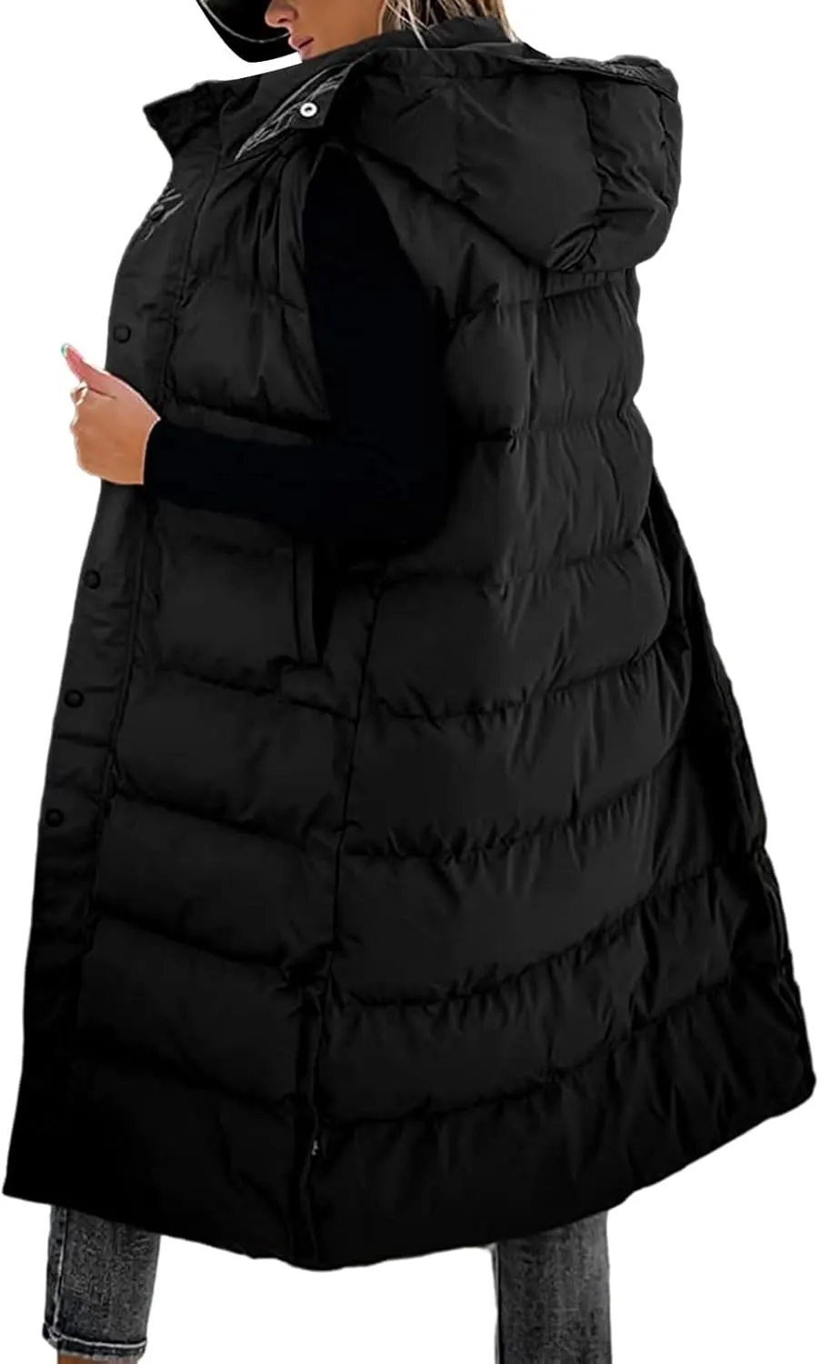 Long Puffer Vest Women Quilted Hooded Sleeveless Zip Up Down Jacket Button Down Vests Outerwear Padded Jacket Coat