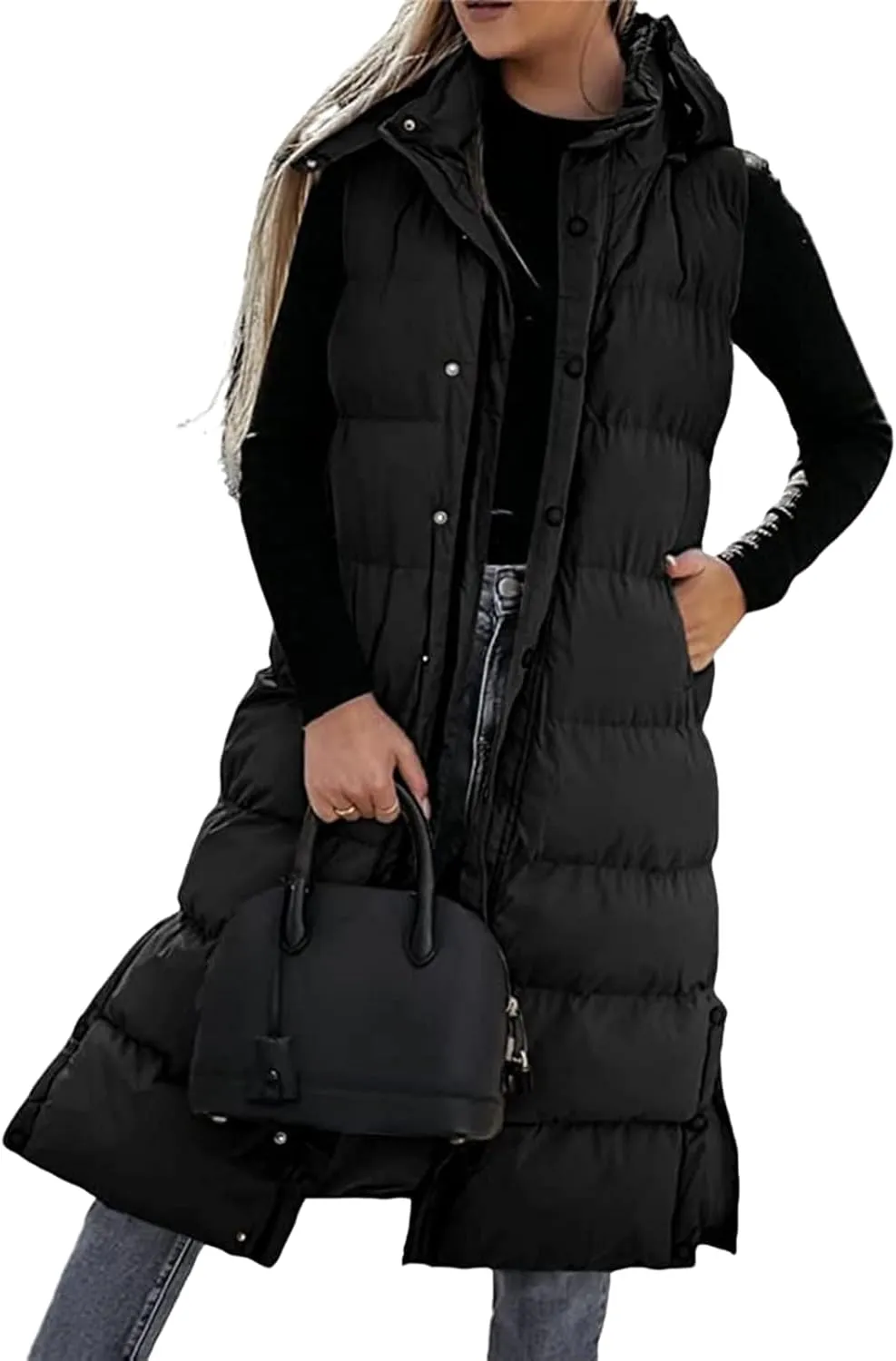 Long Puffer Vest Women Quilted Hooded Sleeveless Zip Up Down Jacket Button Down Vests Outerwear Padded Jacket Coat