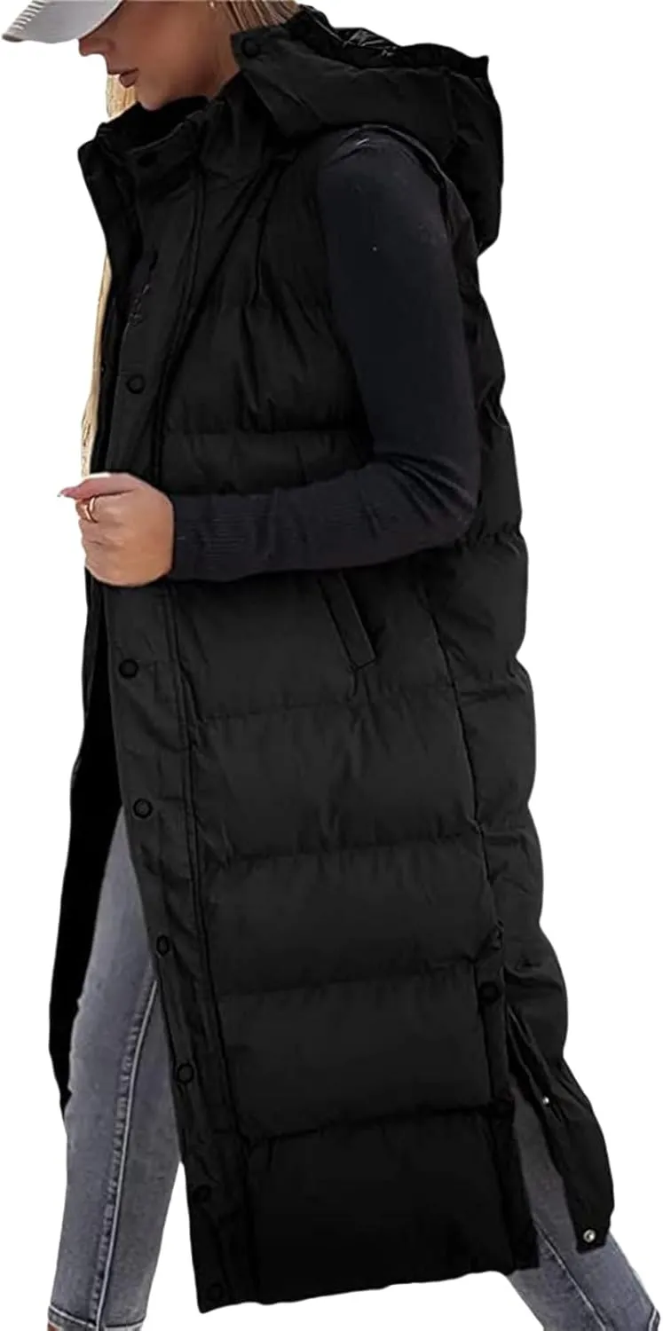 Long Puffer Vest Women Quilted Hooded Sleeveless Zip Up Down Jacket Button Down Vests Outerwear Padded Jacket Coat