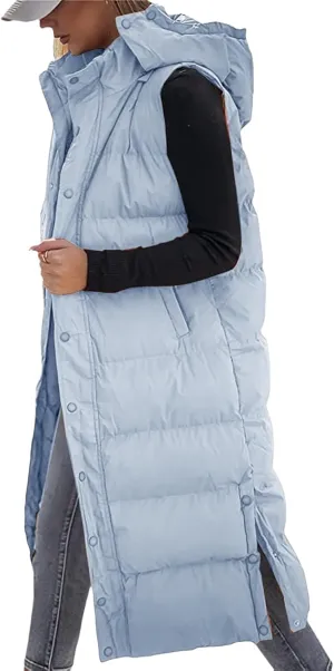 Long Puffer Vest Women Quilted Hooded Sleeveless Zip Up Down Jacket Button Down Vests Outerwear Padded Jacket Coat