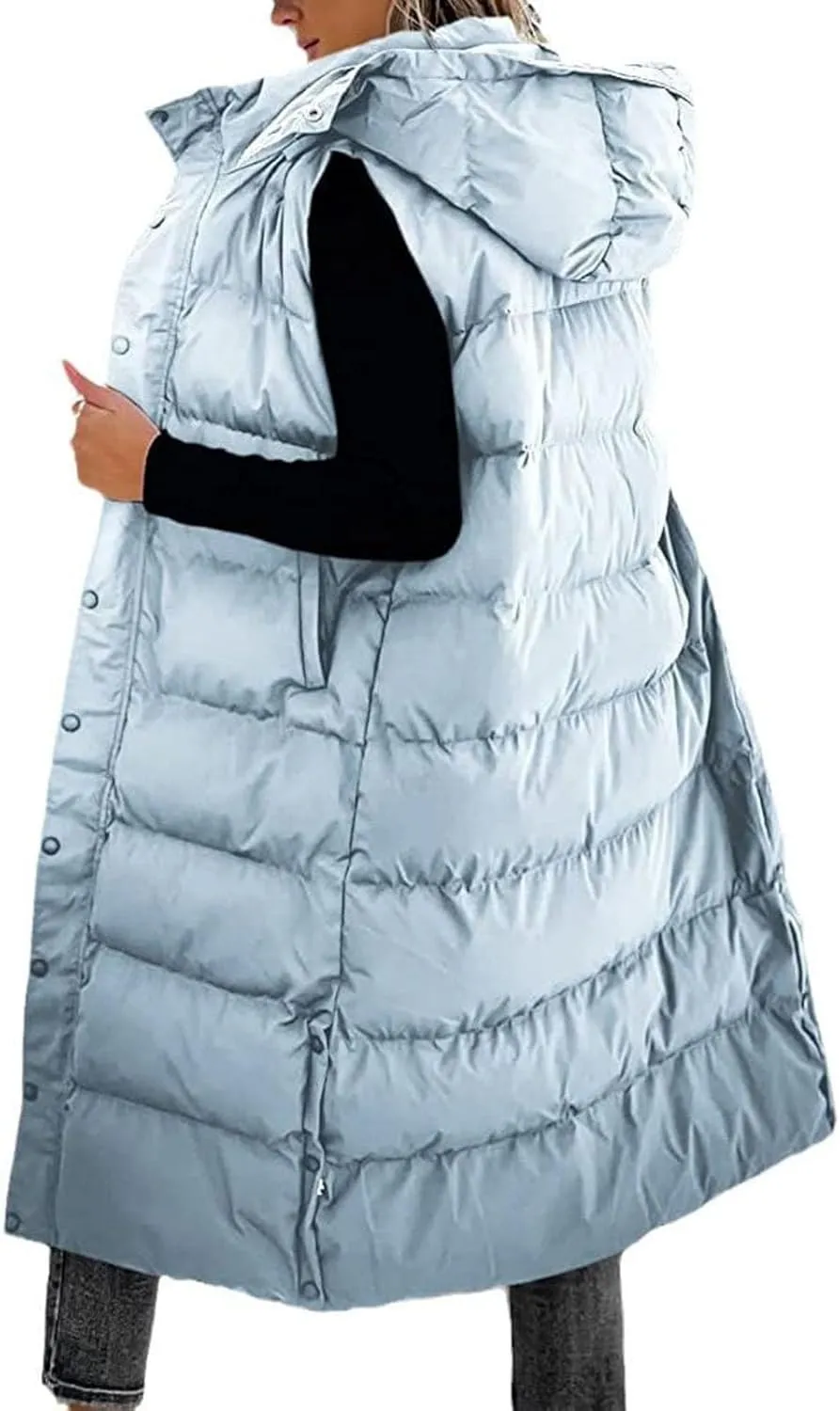 Long Puffer Vest Women Quilted Hooded Sleeveless Zip Up Down Jacket Button Down Vests Outerwear Padded Jacket Coat