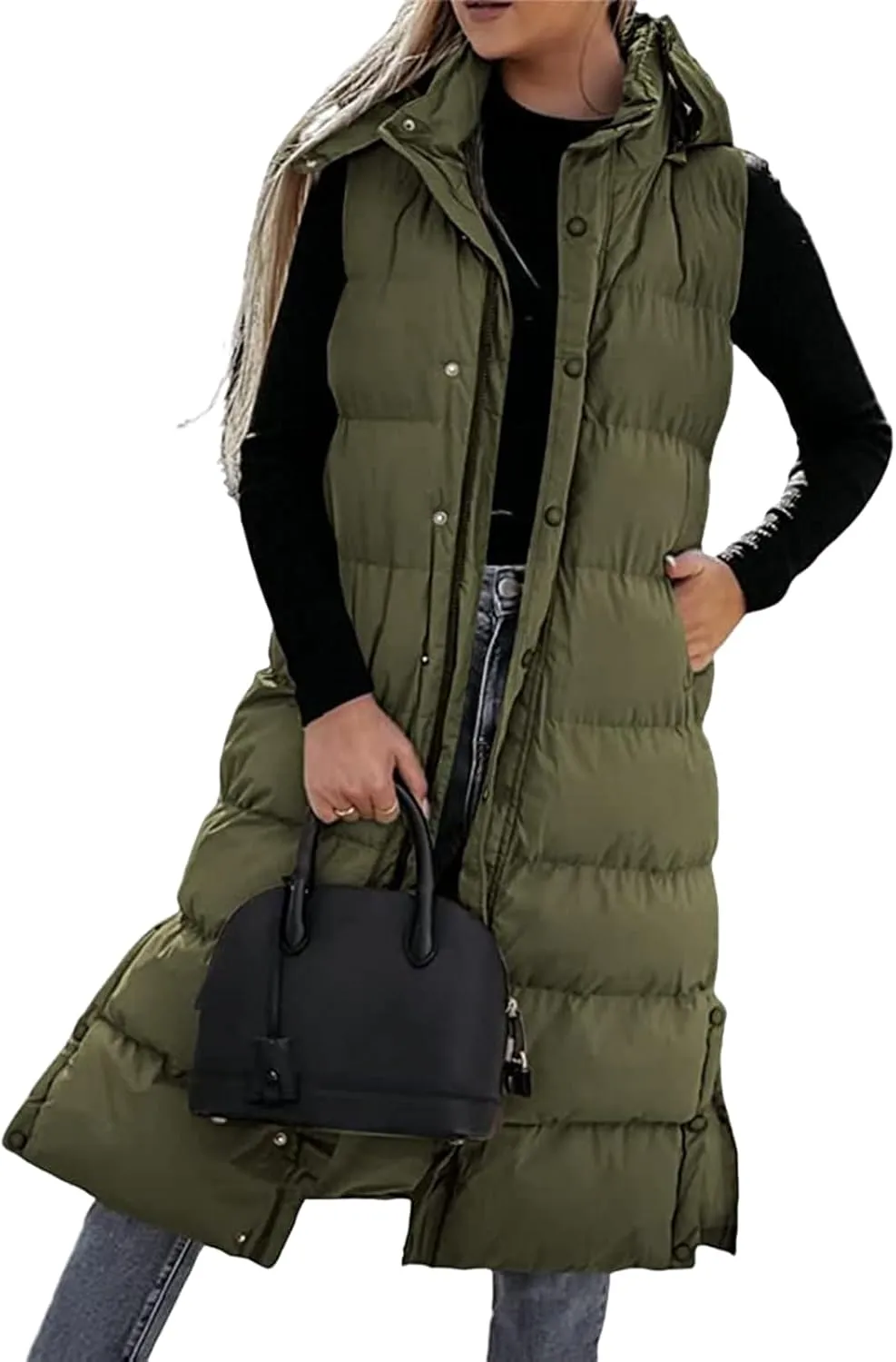 Long Puffer Vest Women Quilted Hooded Sleeveless Zip Up Down Jacket Button Down Vests Outerwear Padded Jacket Coat