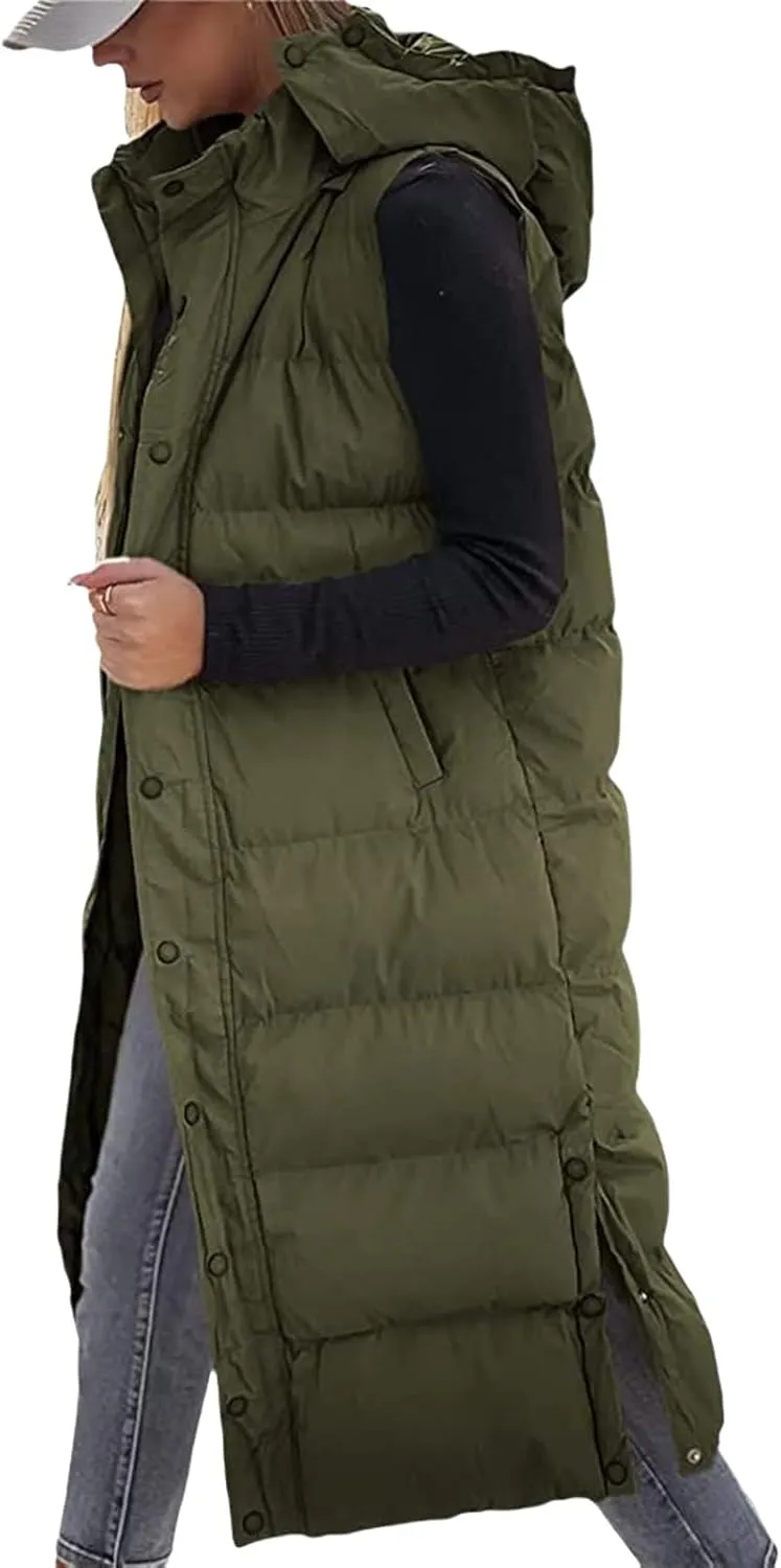 Long Puffer Vest Women Quilted Hooded Sleeveless Zip Up Down Jacket Button Down Vests Outerwear Padded Jacket Coat
