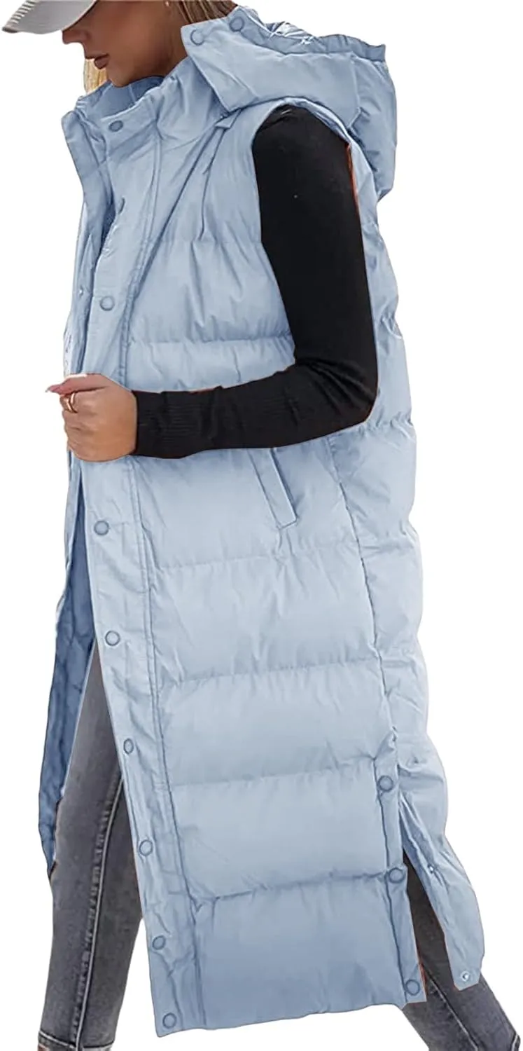 Long Puffer Vest Women Quilted Hooded Sleeveless Zip Up Down Jacket Button Down Vests Outerwear Padded Jacket Coat