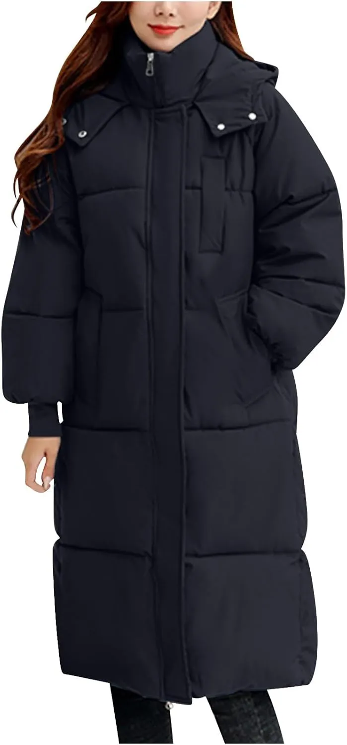 Long Winter Coats for Women 2024 Trendy Hooded Padded Trench Coat Puffer Down Jackets Overcoat with Pockets
