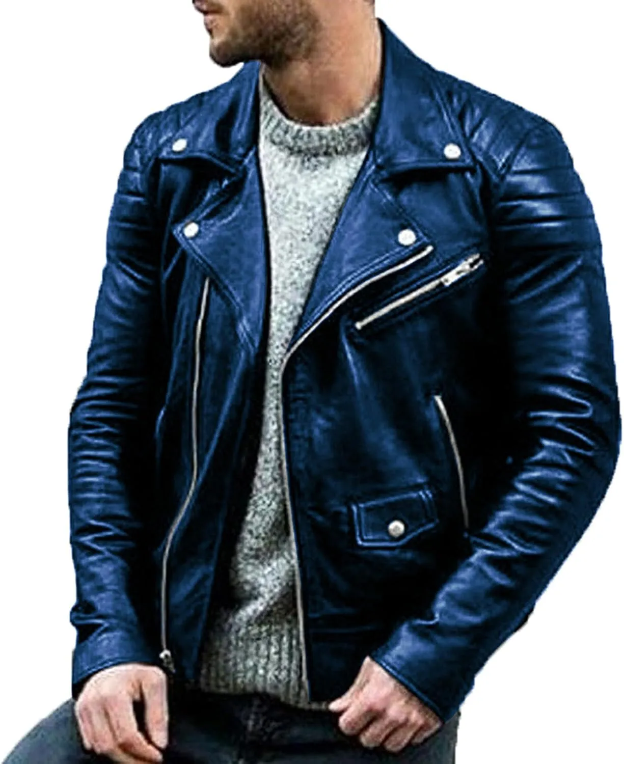 Maiyifu-GJ Men's Vintage Leather Jacket Motorcycle Faux Leather Jackets Lapel Asymmetric Zip-Up Slim Fit Biker Coat