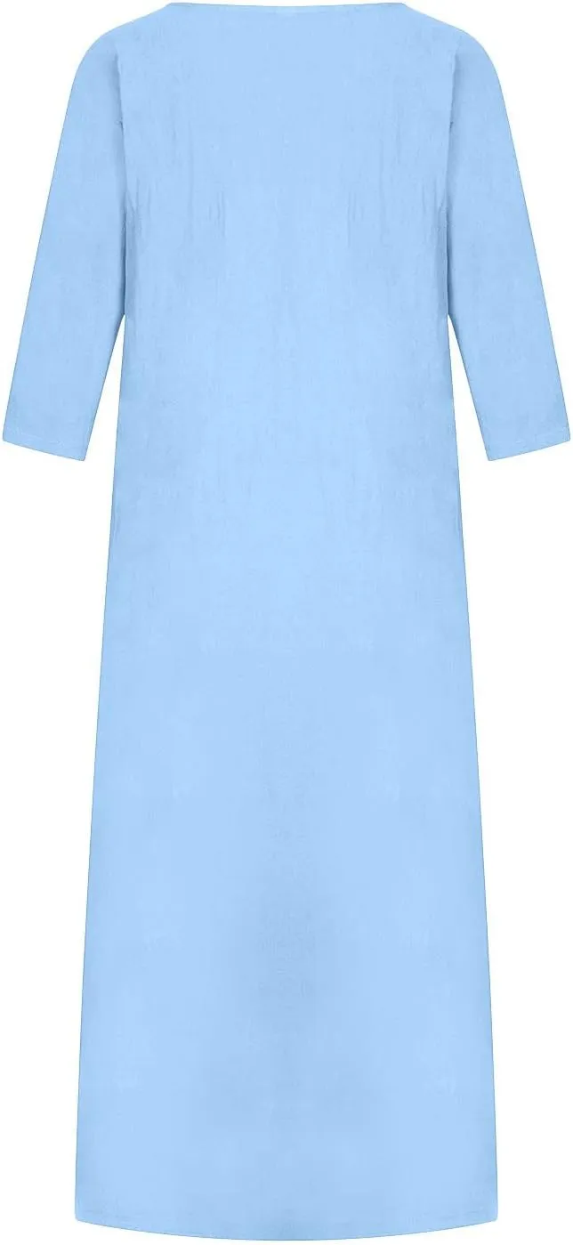 Maxi Dress for Women Summer Cotton Linen T Shirt Dress Half Sleeve Loose Crew Neck Maxi Long Flowy Beach Dresses