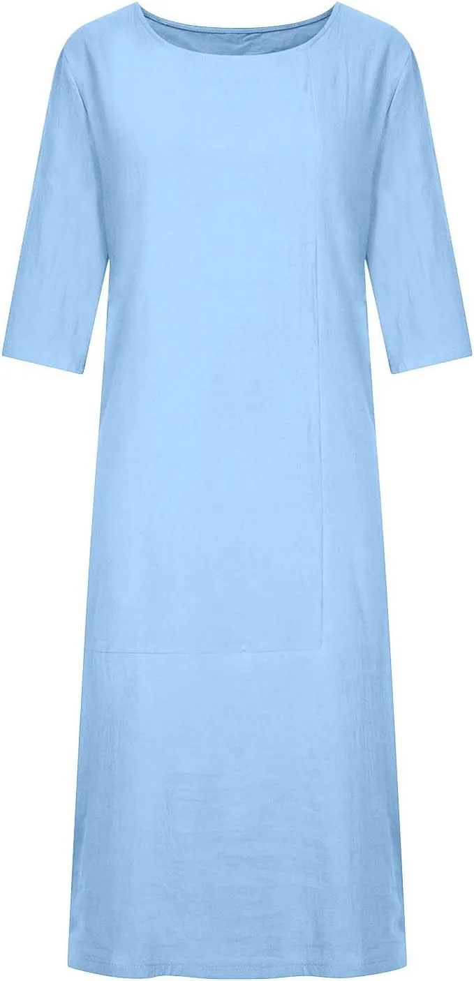 Maxi Dress for Women Summer Cotton Linen T Shirt Dress Half Sleeve Loose Crew Neck Maxi Long Flowy Beach Dresses