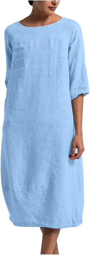 Maxi Dress for Women Summer Cotton Linen T Shirt Dress Half Sleeve Loose Crew Neck Maxi Long Flowy Beach Dresses
