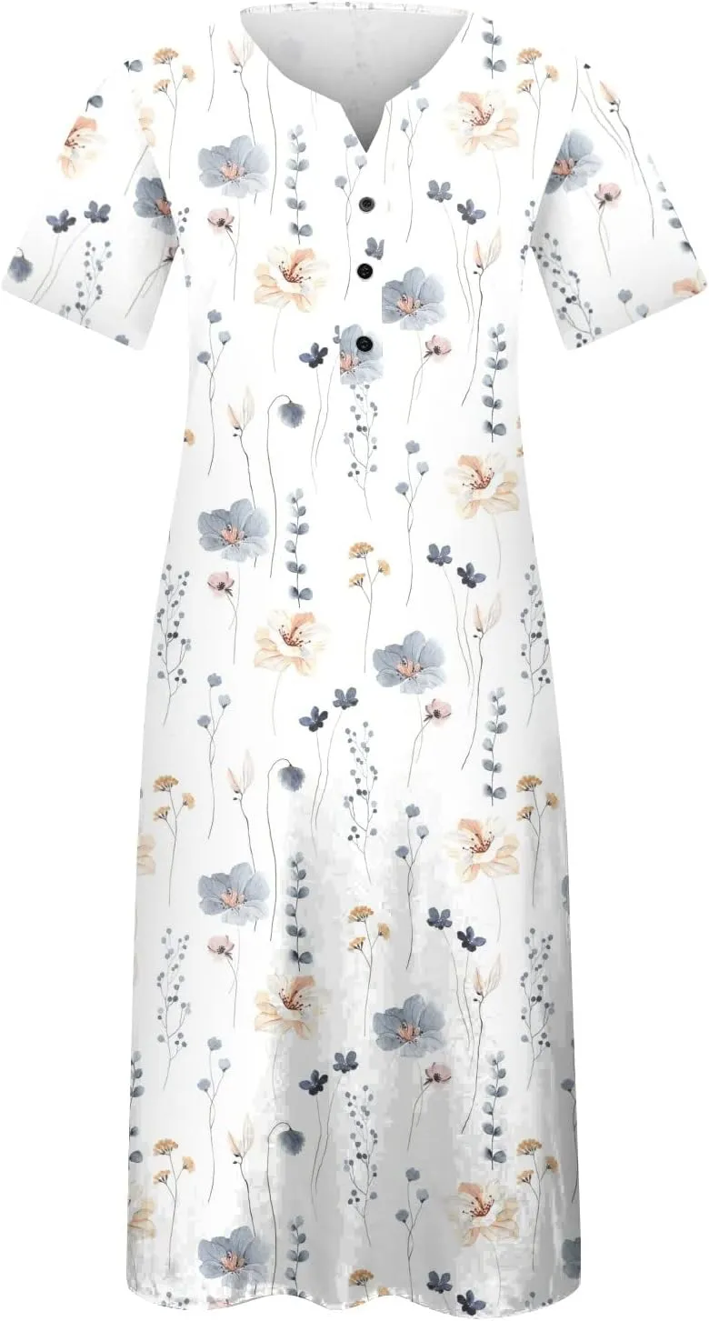 Maxi Dress for Women,2024 Summer Casual Loose V Neck Short Sleeve Beach Dress Flowy Long Dress with Pockets