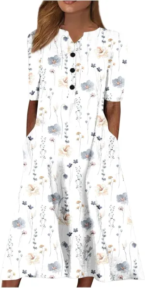 Maxi Dress for Women,2024 Summer Casual Loose V Neck Short Sleeve Beach Dress Flowy Long Dress with Pockets